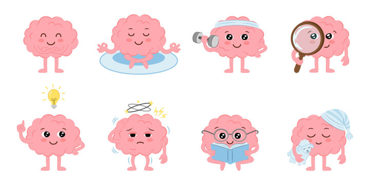 Cute brain mascot set isolated on transparent background. Human intelligence organ character in various poses: yoga meditation, fitness workout, research, headache, reading and dreaming.