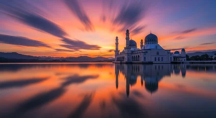 Fototapete Reflection Stunning mosque silhouetted against vibrant sunset sky reflected in water  © Kapten