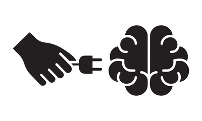 Obraz premium Conceptual illustration of a hand connecting a plug to a human brain with connection thinking intelligence learning innovation technology