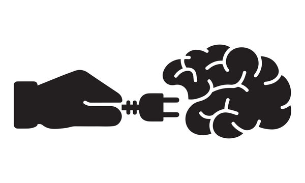 Illustration of a hand plugging an electrical cord into a human brain with electrical connection thinking intelligence learning innovation