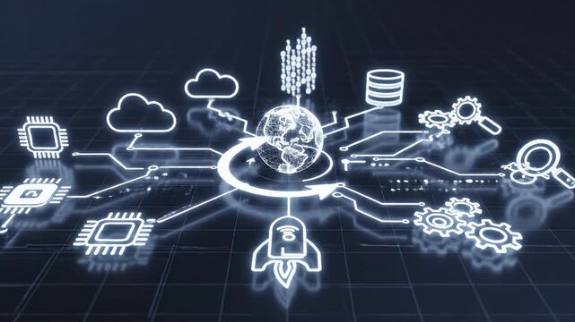 A futuristic digital display showcases various icons representing cloud computing, data storage, and technological processes on a dark, grid-patterned surface.