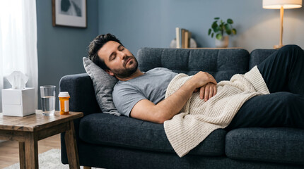 Fototapeta premium sick man sleeping on a couch with tissues and medicine on a table suffering from flu or cold symptoms in a home recovery concept during seasonal illness
