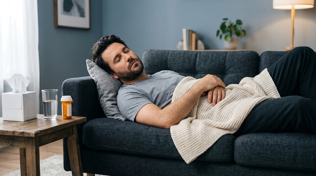 sick man sleeping on a couch with tissues and medicine on a table suffering from flu or cold symptoms in a home recovery concept during seasonal illness
