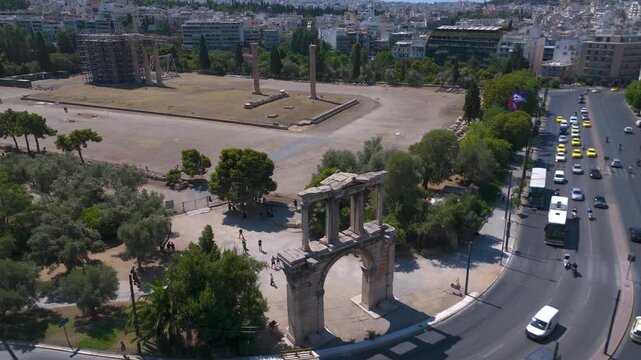 Athens, Greece: Aerial view of Hadrian&rsquo;s Arch and the ancient ruins of Athens on a sunny day.