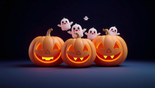 Cheerful ghosts and jack-o'-lanterns celebrate halloween together in the dark