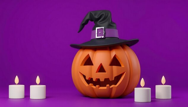 A jack-o'-lantern with a witch's hat and a smartwatch on it, surrounded by candles.