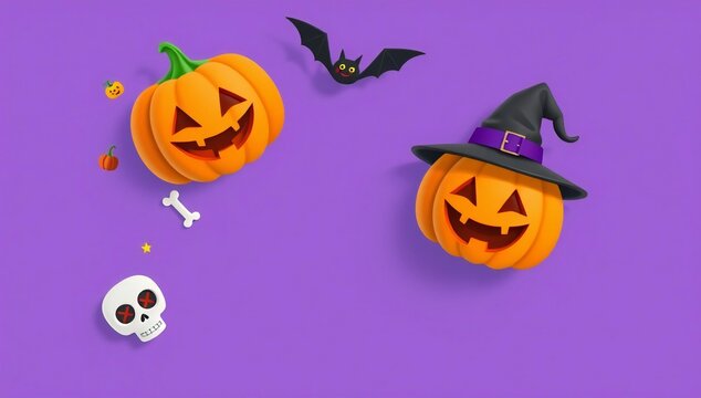 Halloween-themed illustration featuring pumpkins, a bat, and a skull