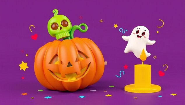 A playful scene featuring a pumpkin, a ghost, and a candle on a purple background.