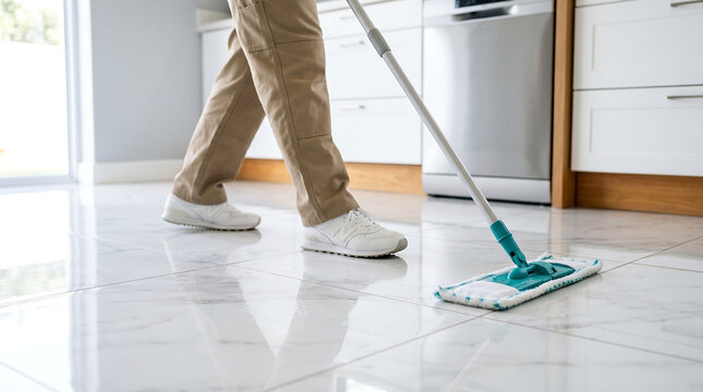 professional cleaner mopping a white tile floor in a modern kitchen using a mop and bucket for home maintenance and housekeeping service concept