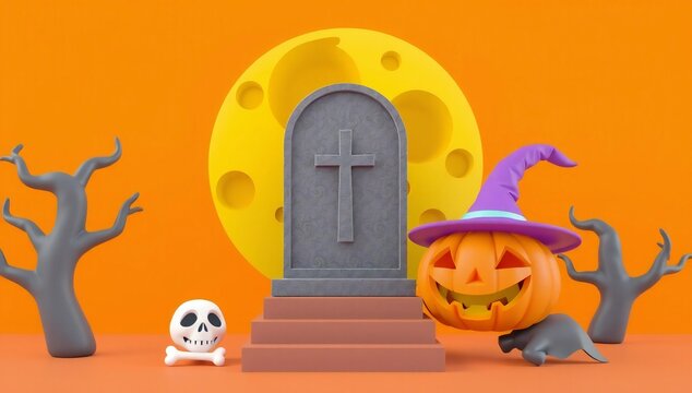 Halloween scene with a pumpkin wearing a witch hat next to a gravestone