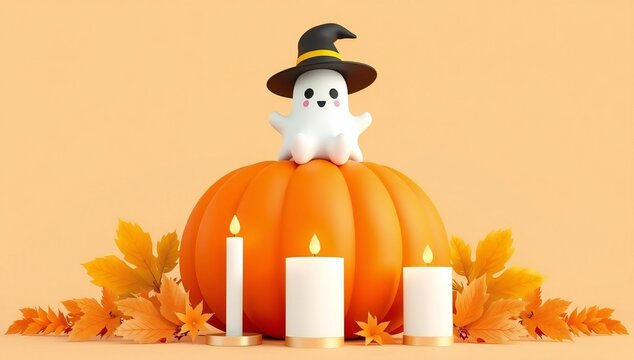 A ghost with a witch hat sitting on a pumpkin surrounded by autumn leaves and candles