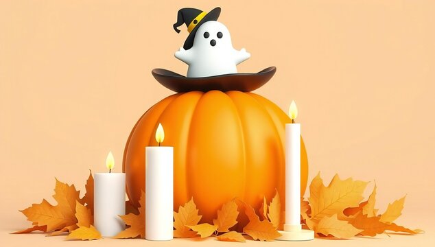 Creative halloween decoration with pumpkin and ghost figurine surrounded by candles.