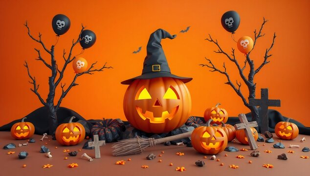 A whimsical scene of jack-o'-lanterns and a witch's hat on a pixelated halloween night
