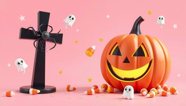 A cheerful jack-o-lantern pumpkin next to a black cross on a pink background