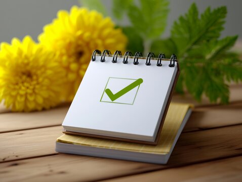 Notebook with green check mark on wooden table with yellow flowers