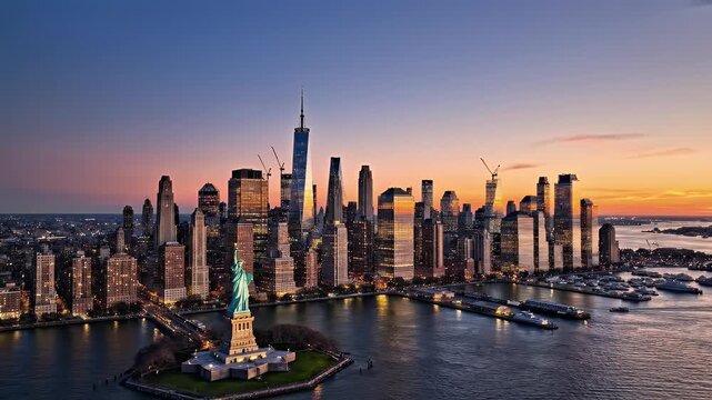 A stunning aerial view captures the iconic Manhattan skyline at sunset, featuring the Statue of Liberty in the foreground.