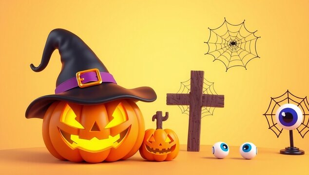 Halloween decorations featuring a jack-o'-lantern with a witch's hat and other spooky items