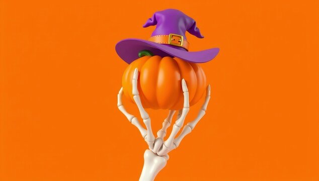 Creative halloween decoration with a pumpkin and a witch's hat on a skeleton hand