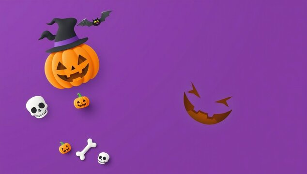 Halloween-themed objects floating against a purple background