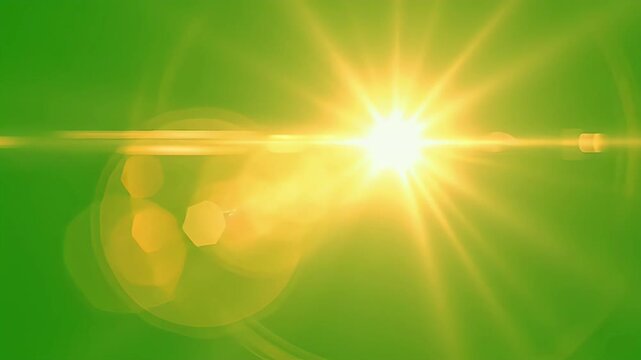 A vibrant green background is adorned with a series of golden lens flares and hexagonal shapes, creating a dynamic and abstract visual effect.