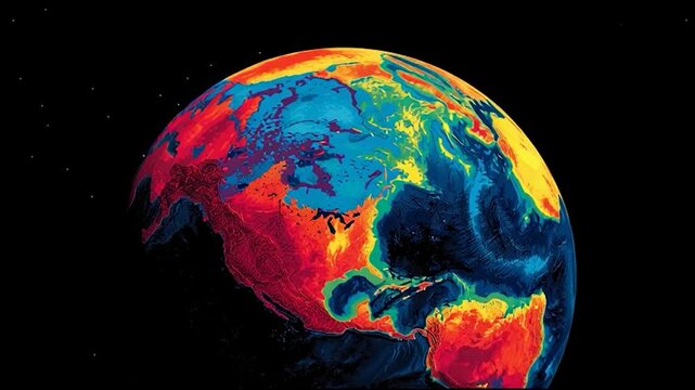 Abstract colorful Earth globe with heat map style visualization, vibrant data-driven planet concept representing climate, temperature and global analytics