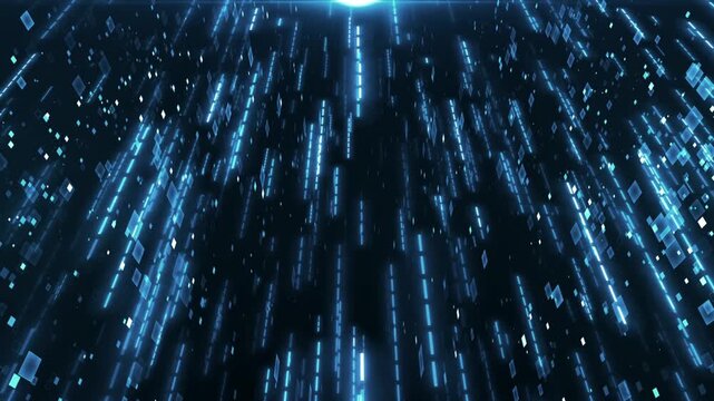 Digital rain of binary code in blue falling from above, representing data flow and technology in a futuristic abstract animation