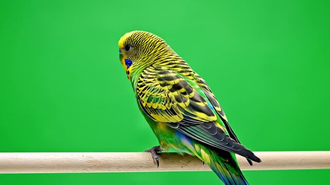 A vibrant green and yellow budgerigar perching on a wooden stick against a solid green background.