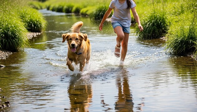 Joyful Run in the Stream: A young girl and her furry companion, a playful dog, splash and frolic in a clear, flowing stream, embodying the pure essence of joy and freedom amidst nature's embrace.