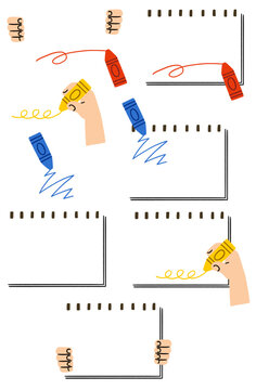 Colorful crayon and sketchbook vector illustration set. Hands holding crayons drawing on blank spiral notebooks for kids art and education concept
