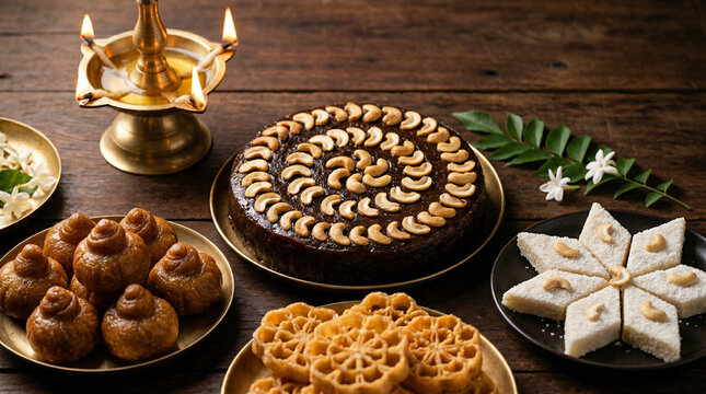 Traditional Sri Lankan New Year sweets and oil lamp on wooden table