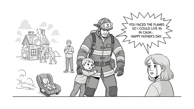 Firefighter's Heroism and Father's Day: A poignant illustration of a firefighter's selfless act of bravery, saving a child from a burning building, symbolizing the spirit of Father's Day and heroism.