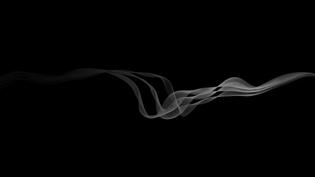 White wave on a black background. Looped vector wave of gray color. Linear wave, graphic shape flow. Digital monochrome, smoke on black background
