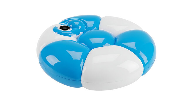 Blue and white inflatable pool float with an integrated camera lens or sensor isolated on white background.