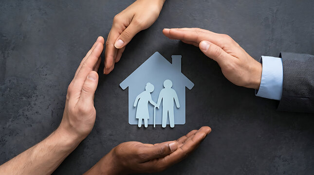 hands protecting a paper cutout of an elderly couple inside a house shape representing senior care insurance retirement planning and social welfare support for aging people
