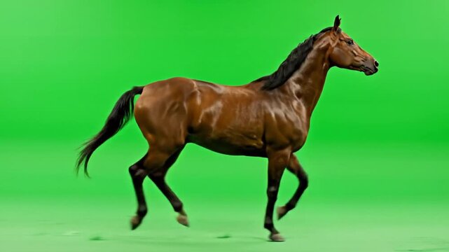 A majestic brown horse with a dark mane and tail trots gracefully against a vibrant green screen background, showcasing its powerful build.