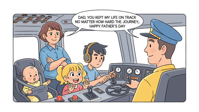 Family's Father's Day Tribute on Train: A heartwarming illustration captures a family's loving tribute to their father, a train operator, on Father's Day. The scene unfolds on a train.
