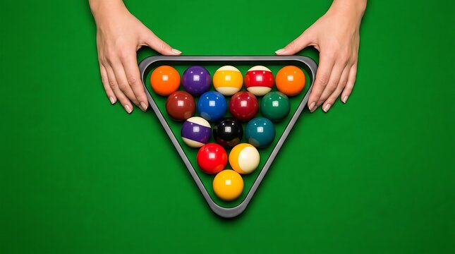 Hands Arranging Pool Balls Triangle on Green Felt Table Top View