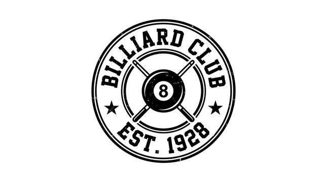Billiard Club Est 1928 Emblem with 8 Ball and Cues