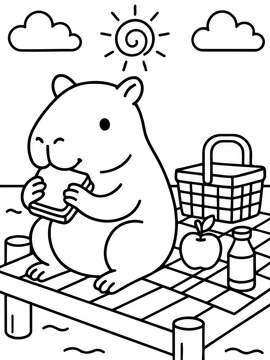 Cavy's Picnic Delight: A charming illustration depicts a playful cavy enjoying a sunny picnic. The cavy is seated on a wooden dock with a basket and snacks. 