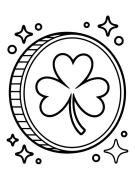 Shamrock Coin: A clean and simple illustration of a lucky shamrock emblem etched on a gold coin, framed by sparkling star accents, capturing the essence of St. Patrick's Day.