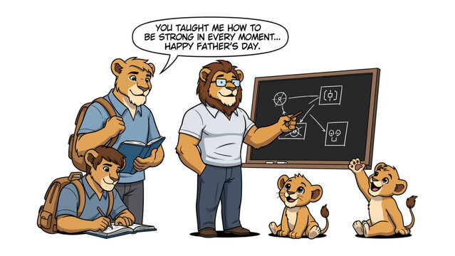 Lion Family Day: A heartwarming illustration of a lion family celebrating father's day, with the father lion teaching lessons. The scene evokes love and wisdom.
