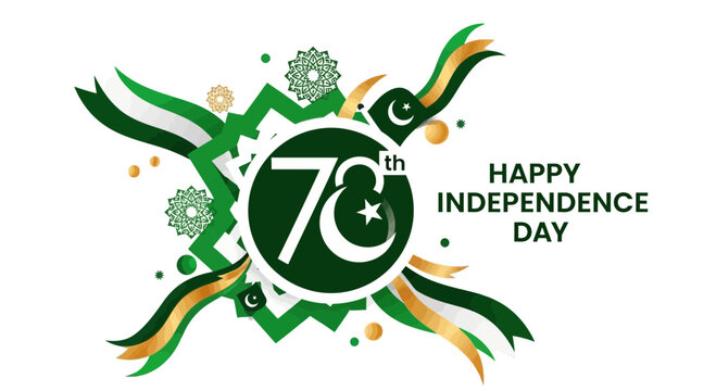 78th Pakistan Independence Day Celebration Graphic with Crescent Moon and Star, Green and White Colors