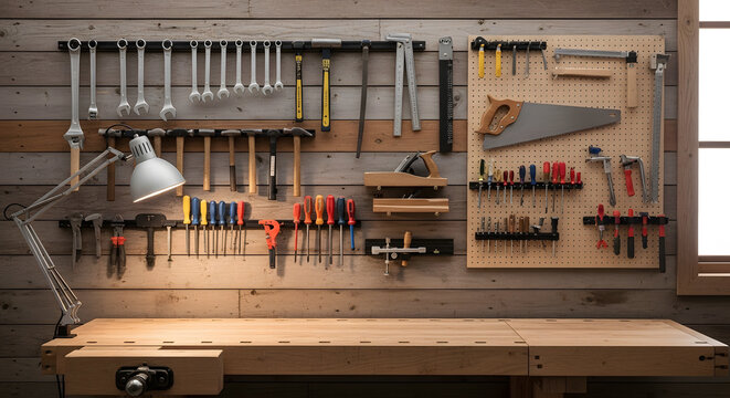 Comprehensive collection of manual carpentry tools including saws wrenches and screwdrivers arranged neatly in a workshop