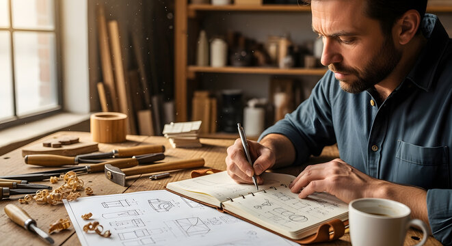 Designer drawing technical plans for woodworking project on desk