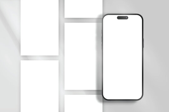 Smartphone mockup with blank screen and social media stories interface mockup on soft shadow. Clean modern layout for stories, UI presentation, website, branding showcase, and digital marketing design