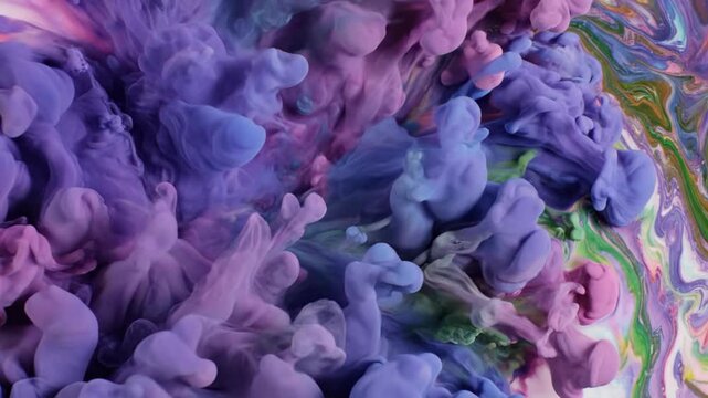 Vibrant purple, pink, blue, and green ink swirls in water, creating a dynamic abstract fluid art background.