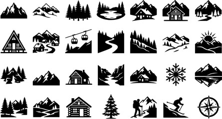 Obraz premium Set of hand-drawn winter mountain icons featuring cabins, ski lifts, pine trees, and snowy peaks in a black and white sketch doodle style for adventure and travel themes