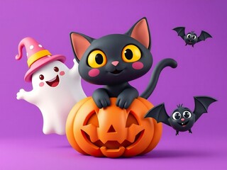 Fototapeta premium Halloween-themed illustration featuring a ghost, a black cat, a jack-o-lantern, and bats