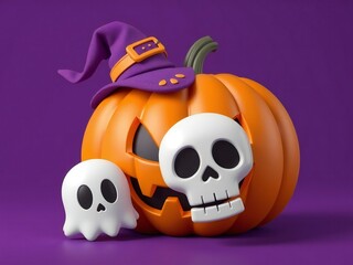 Naklejka premium Spooky jack-o'-lantern with skull and witch's hat on purple background
