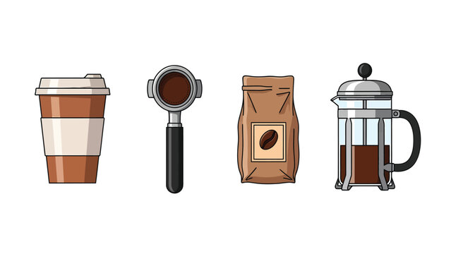 Collection of coffee essentials: Takeaway cup, portafilter, coffee beans bag, and French press illustration